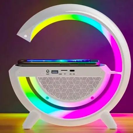 G-Shape Multifunctional Google Speaker with LED, Wireless Charging, 15W Fast Charging, Bluetooth, FM Radio, RGB Music Sync, and Atmosphere Lamp.